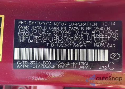 2015 Lexus Es 350 z USA, uszkodzony, nr VIN JTHBK1GG2F2164566